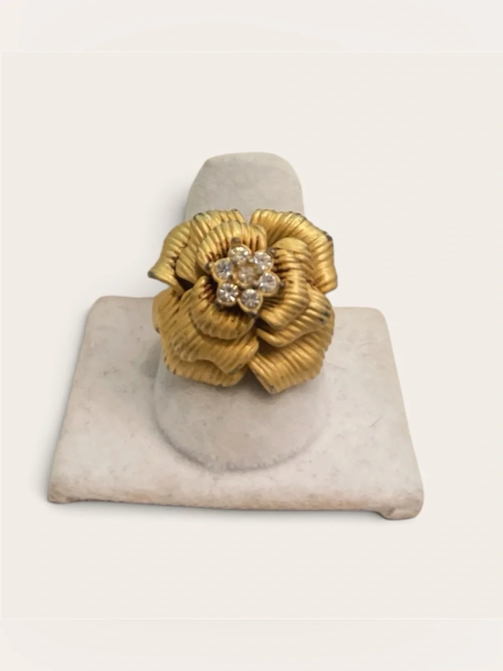 Gold Flower Cocktail Ring with Clear Stone Center